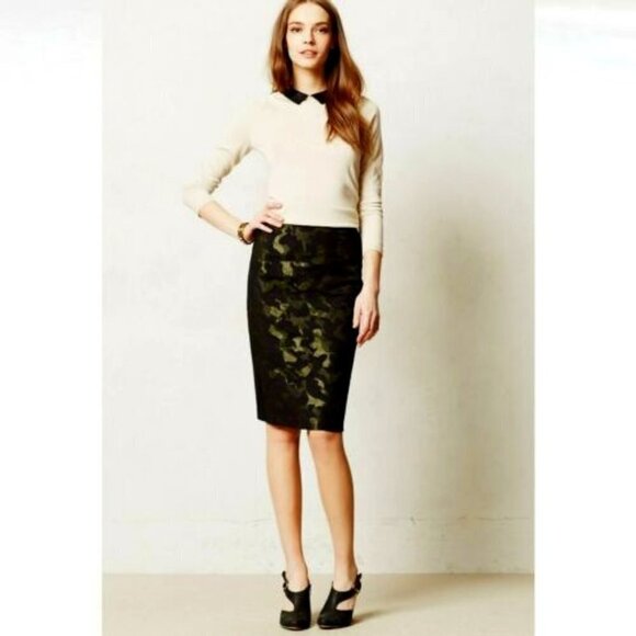 Anthropologie Maeve Jacquard Camo Khaki & Black Side Stripe Pencil Skirt 4 - Picture 2 of 16